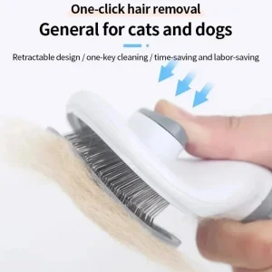 Pressing the button on a self-cleaning slicker brush to release fur